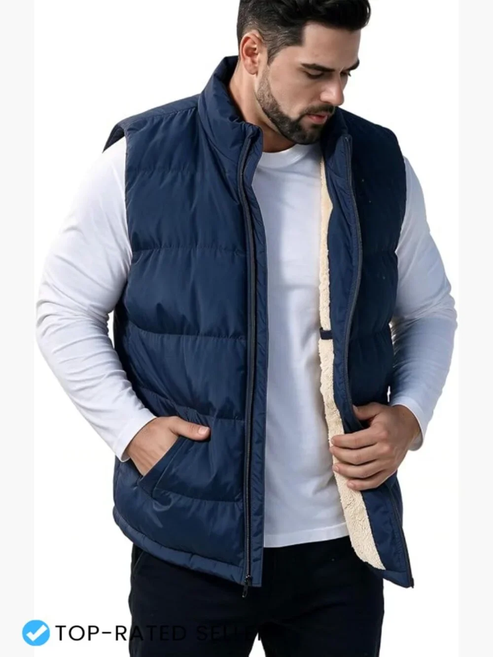 Men's Quilted Puffer Vest Fleece Lined Sleeveless Insulated Zip Up Water